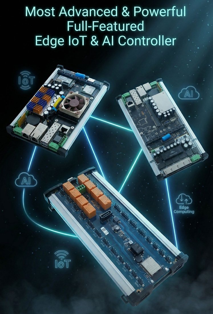 Edge-Controller für IoT und KI: drei Baugruppen im Hutschienengehäuse, mit Relais, Netzwerkanschlüssen und Rechenmodul.